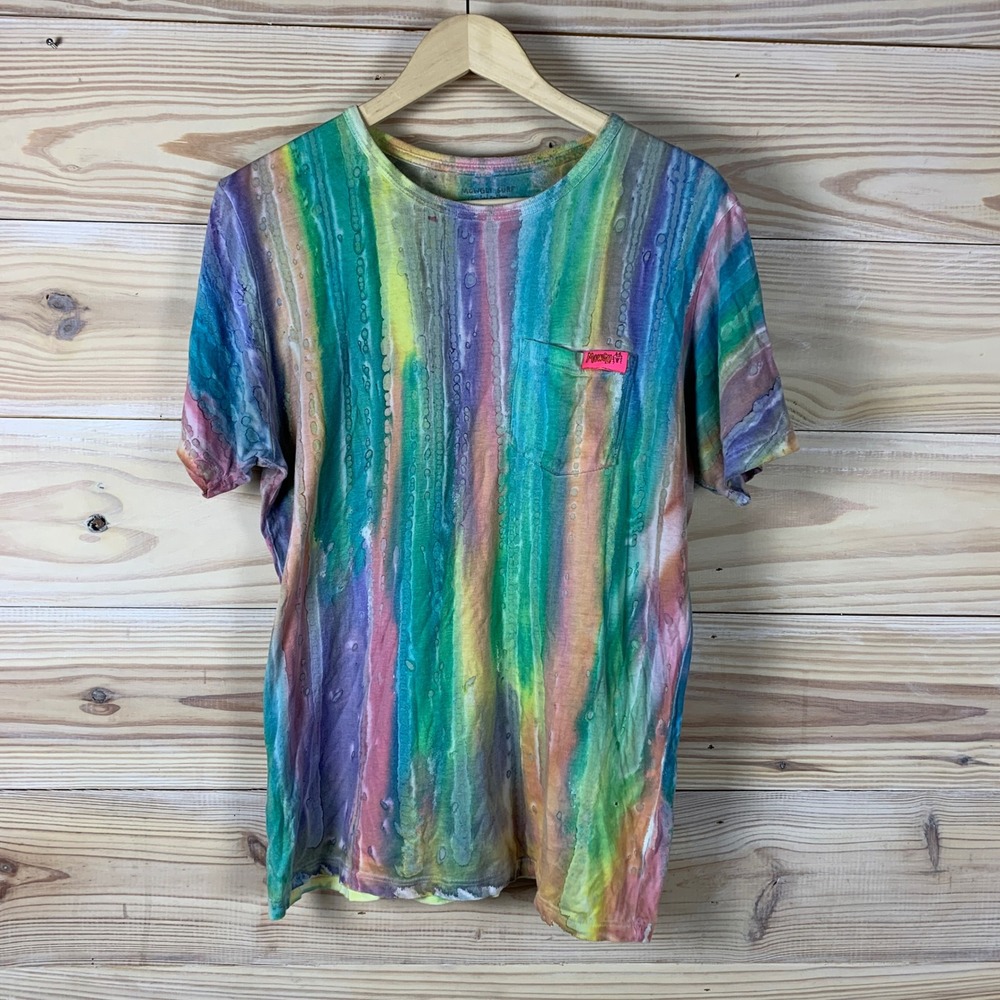 Mowgli Surf T-Shirt Mens Medium Multi Color Stripe Pocket Tee Hand Dyed USA Made